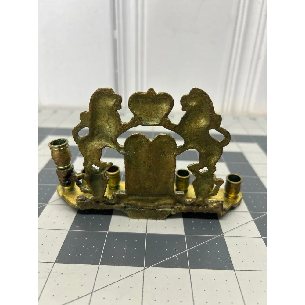 Vintage Menorah Brass Lions of Judah Ten Commandments Hannukkah Jewish Israel